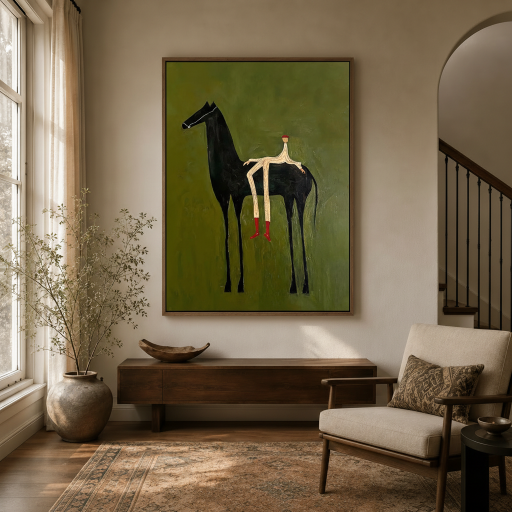 Whimsical black horse with stick-figure rider folk art canvas in dark walnut frame in modern entryway