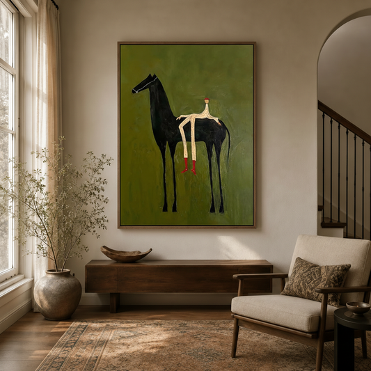Whimsical black horse with stick-figure rider folk art canvas in dark walnut frame in modern entryway