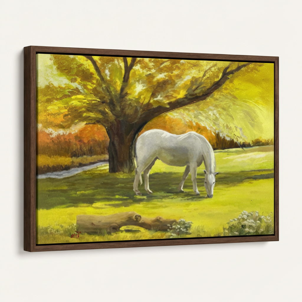 White horse grazing under autumn tree classical canvas in dark walnut float frame, product angle view