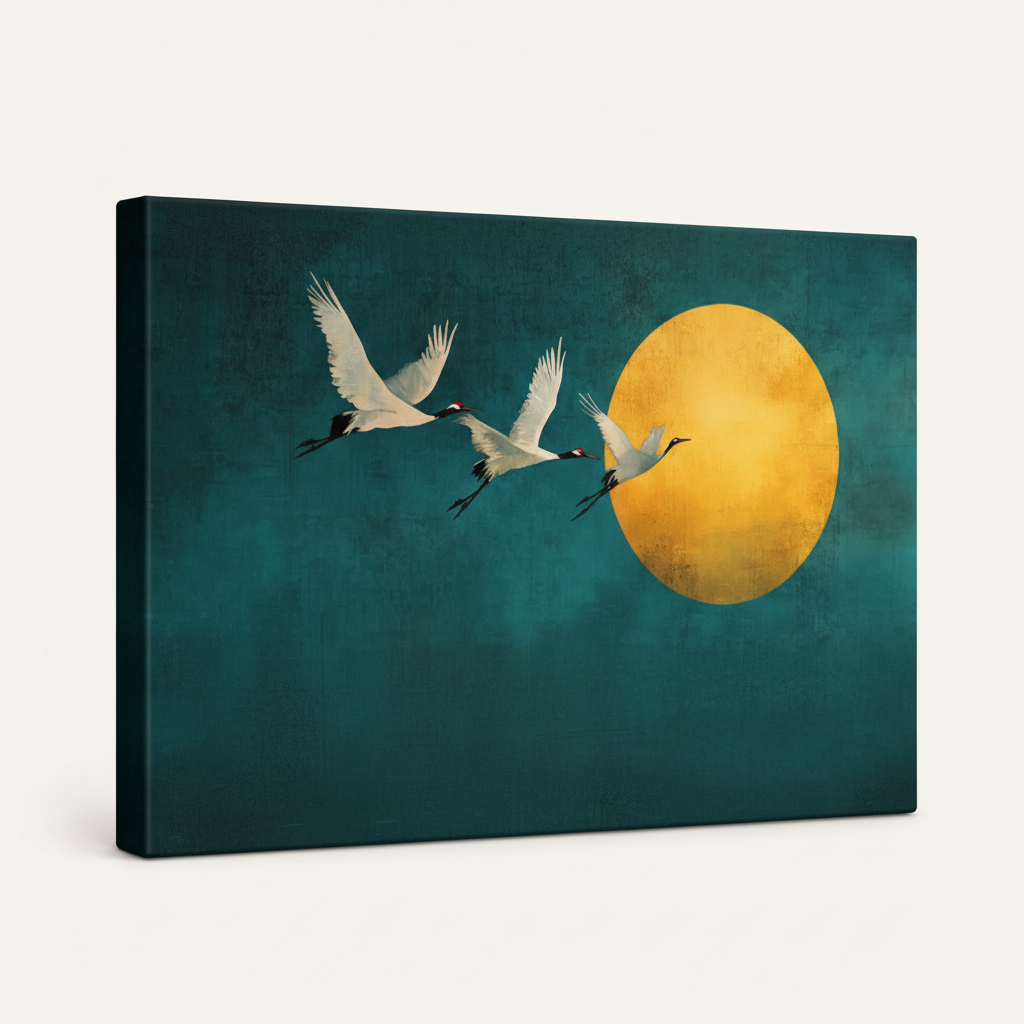 Gallery-wrapped Japanese crane moon canvas print at angle on clean cream background
