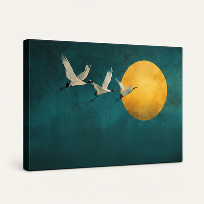 Gallery-wrapped Japanese crane moon canvas print at angle on clean cream background