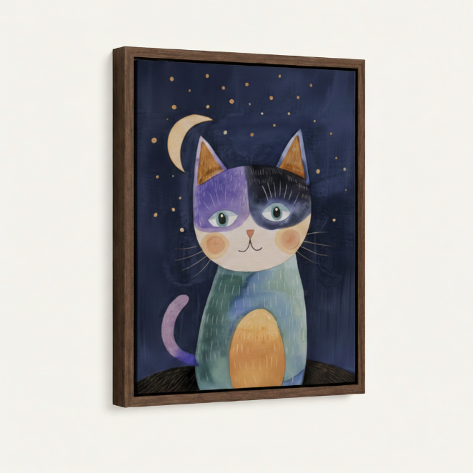 Whimsical cat folk art in dark walnut float frame, angled product view on off-white background