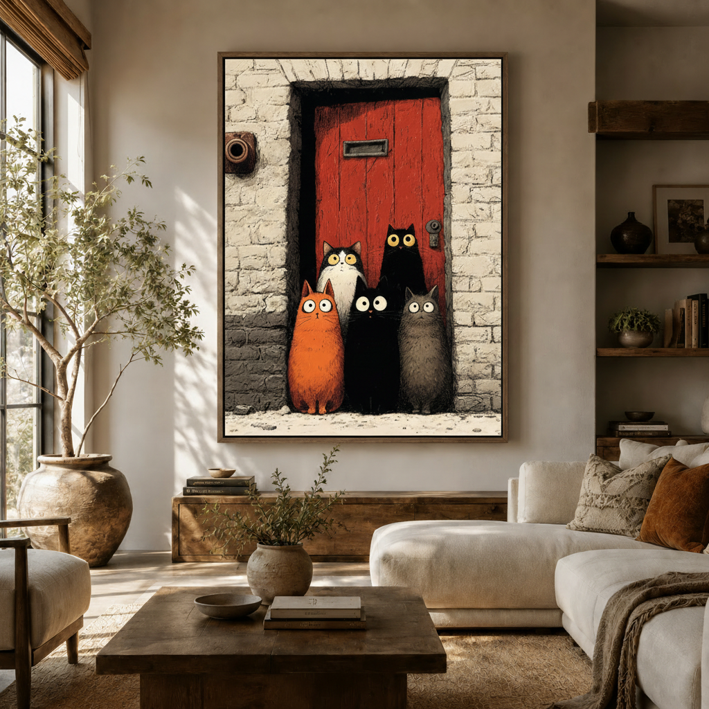 Funny five cats red door illustration canvas wall art hanging in warm modern living room with olive tree