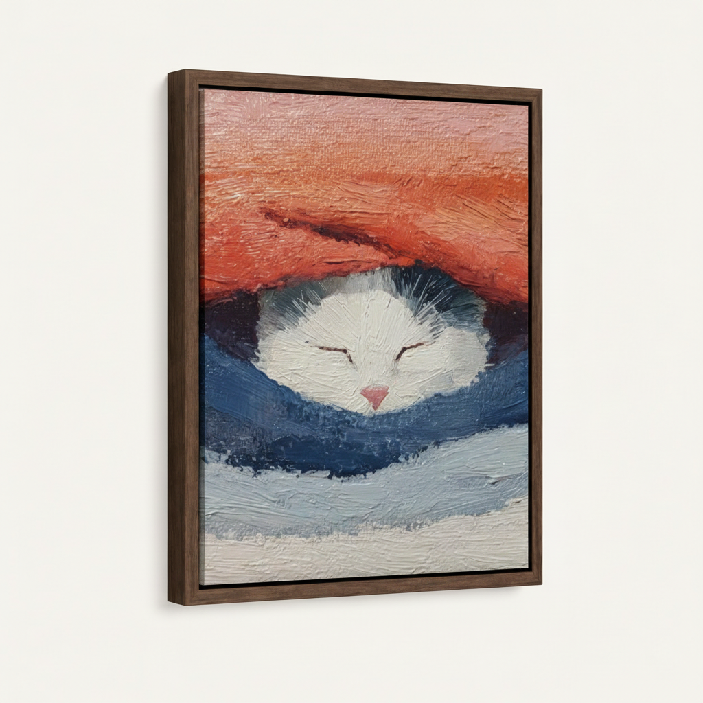 Dark walnut floater frame canvas closeup showing sleeping white cat in coral and navy impasto detail