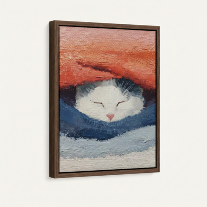 Dark walnut floater frame canvas closeup showing sleeping white cat in coral and navy impasto detail