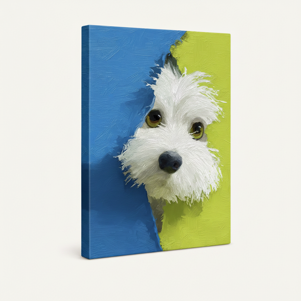 Gallery-wrapped peeking Westie dog canvas print shown at 45-degree angle on white background
