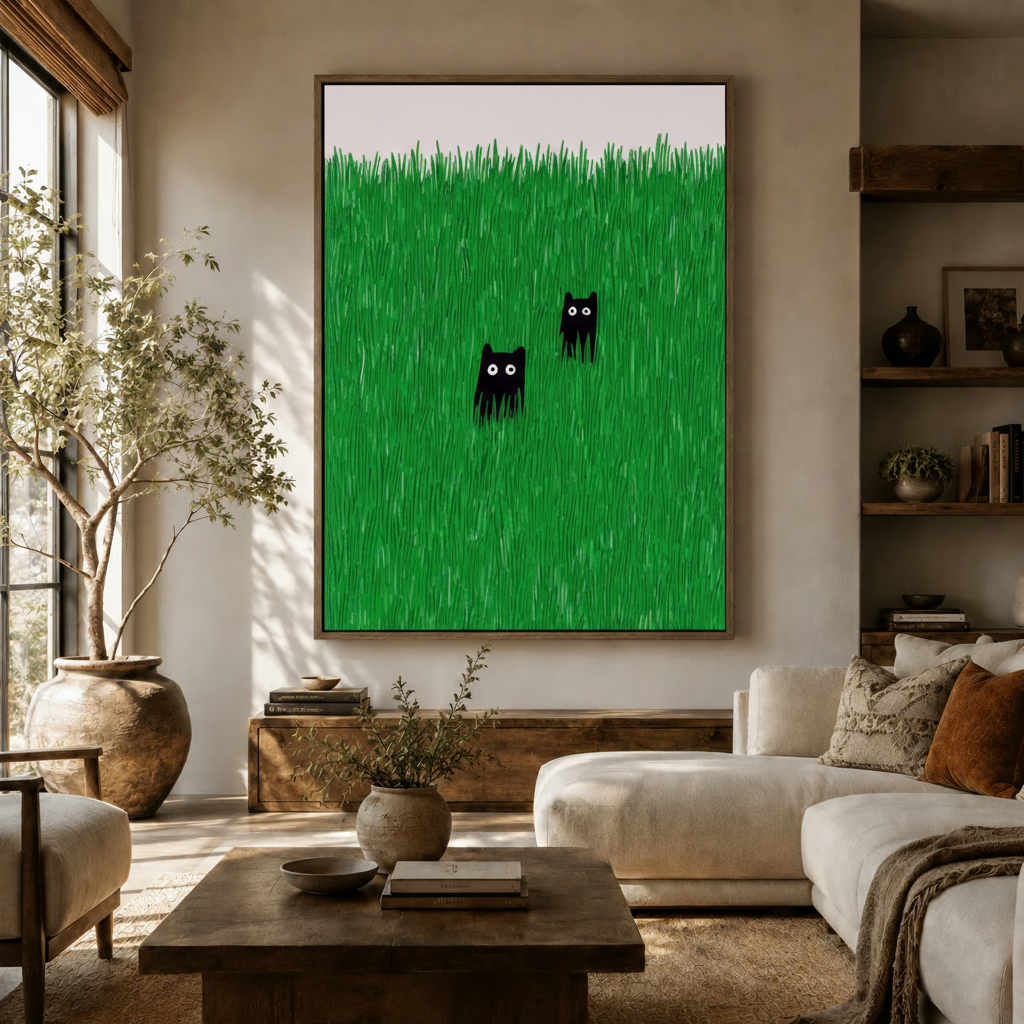 Large black cat canvas art hanging in a bright modern living room above wooden sideboard