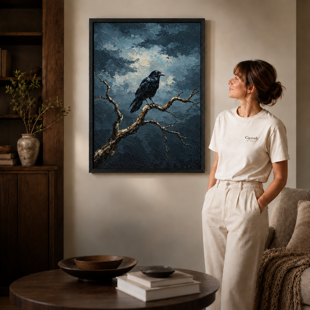 Black framed raven and storm cloud wall art displayed in a softly lit modern interior