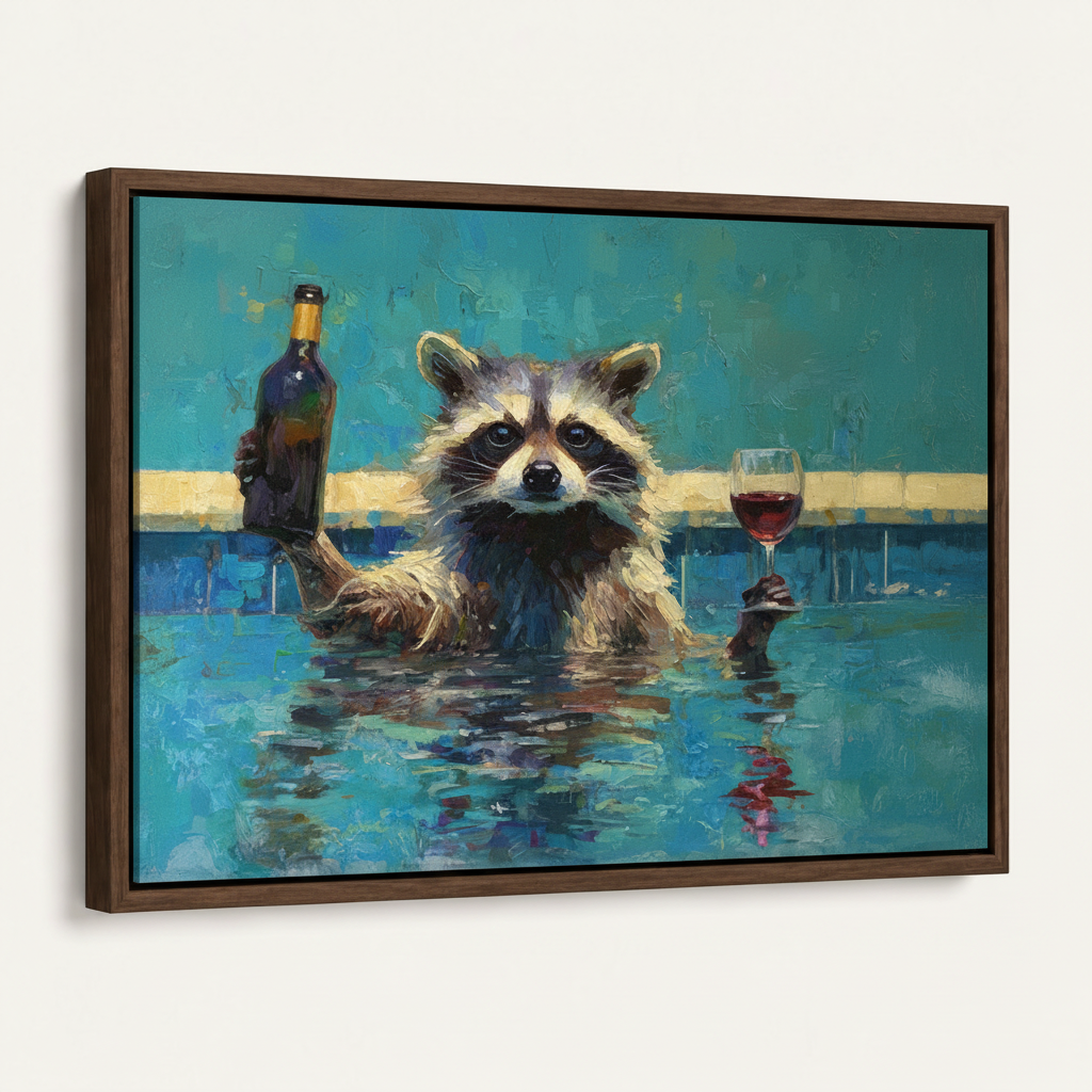 Framed raccoon holding wine bottle canvas print at angle on white wall dark walnut float frame