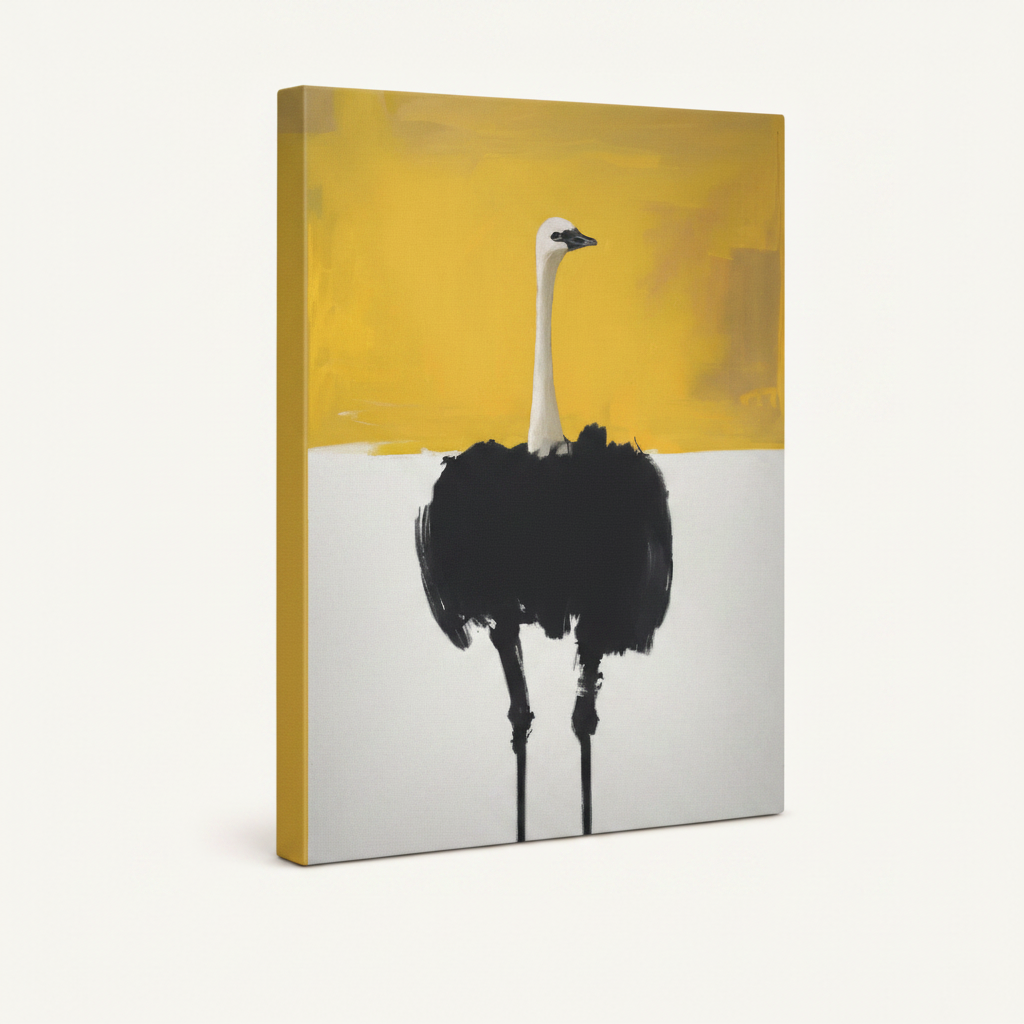 Gallery-wrapped ostrich minimalist canvas print on white background, angled 3/4 side view with solid yellow edges
