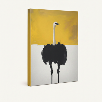 Gallery-wrapped ostrich minimalist canvas print on white background, angled 3/4 side view with solid yellow edges