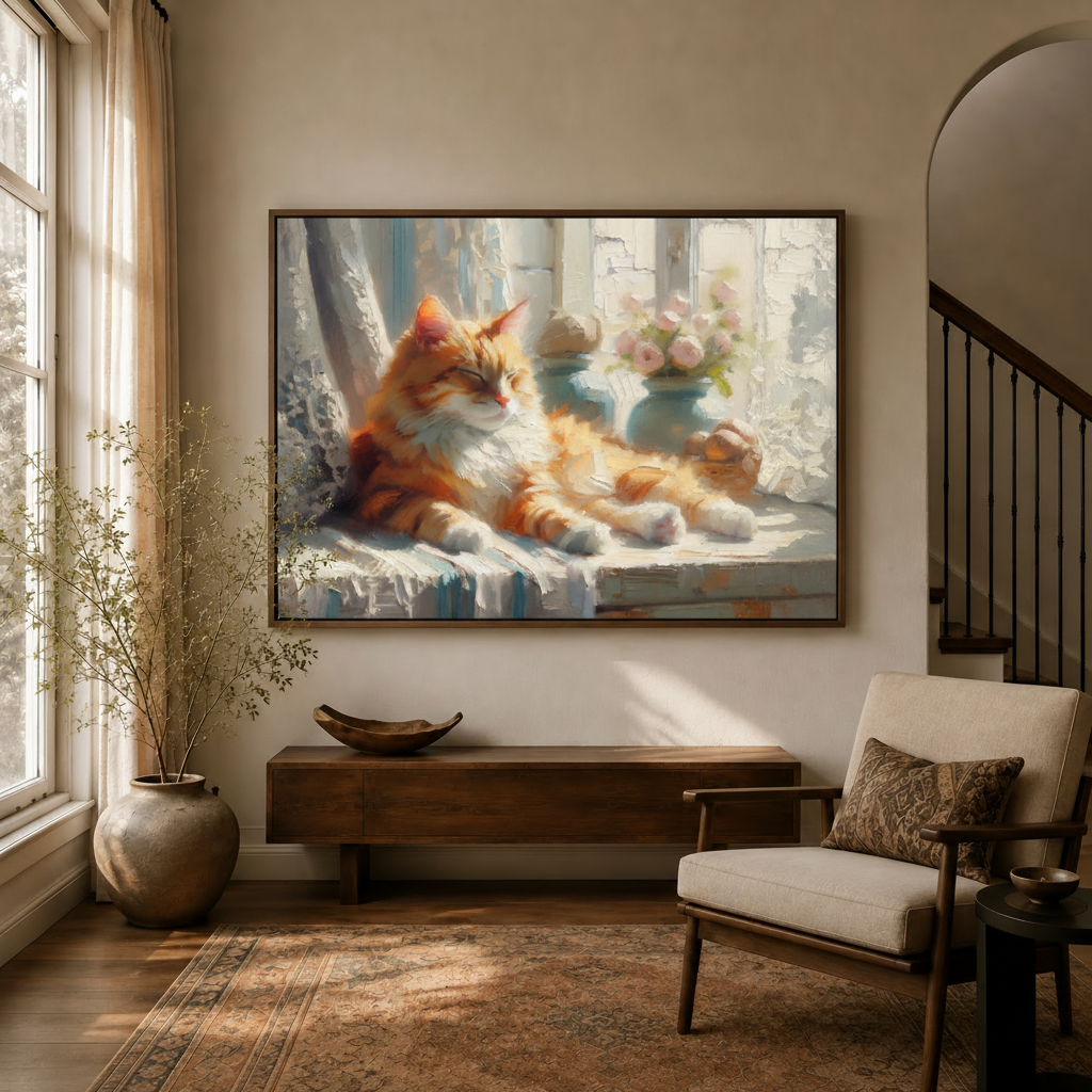 Cottagecore ginger cat napping window canvas above console in warm golden entryway beside armchair