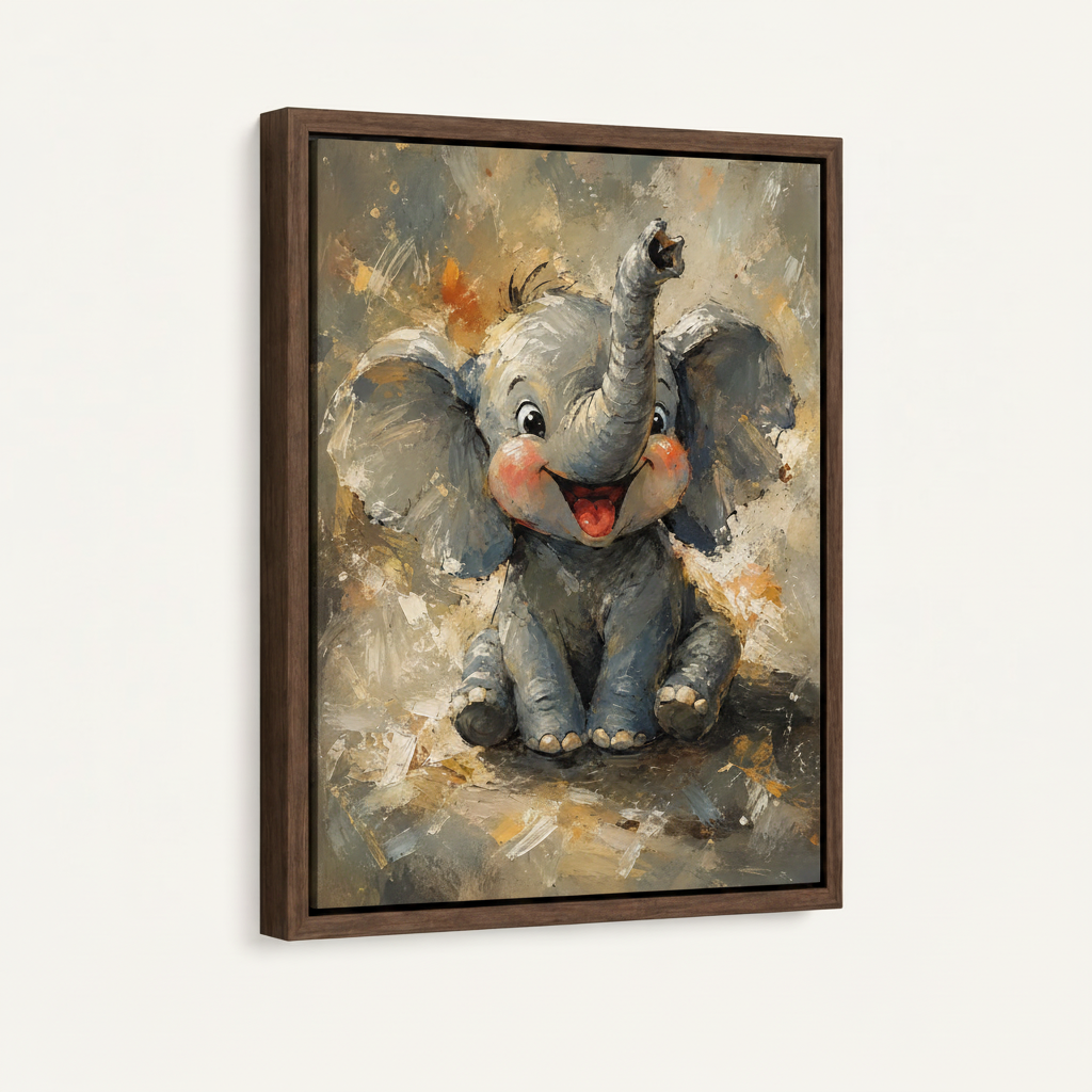 Cute elephant wall art in dark walnut floating frame shown at an angle on a clean cream background