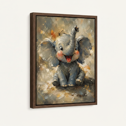 Cute elephant wall art in dark walnut floating frame shown at an angle on a clean cream background