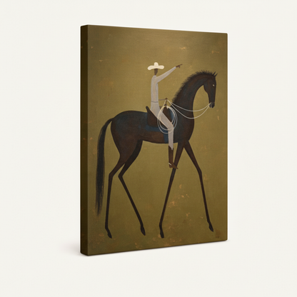 Gallery-wrapped cowboy horseback canvas at 3/4 angle on white background showing thick side edges