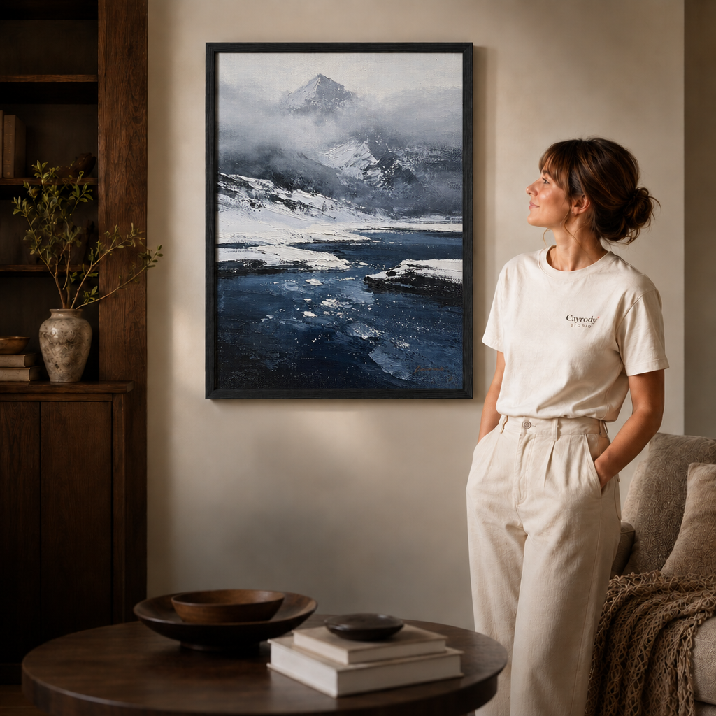 Black framed winter mountain lake wall art styled in a warm modern living room