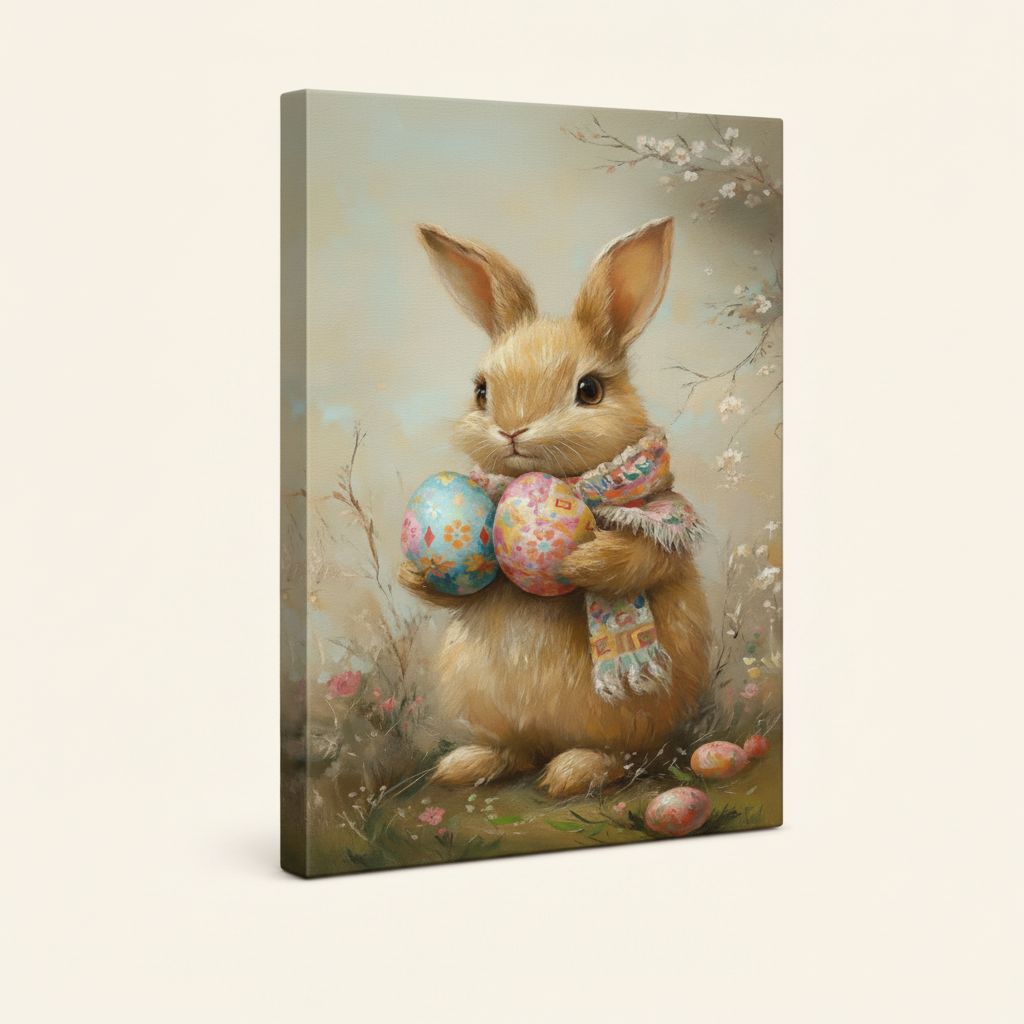 Gallery-wrapped Easter bunny canvas print at angle on cream background showing side depth