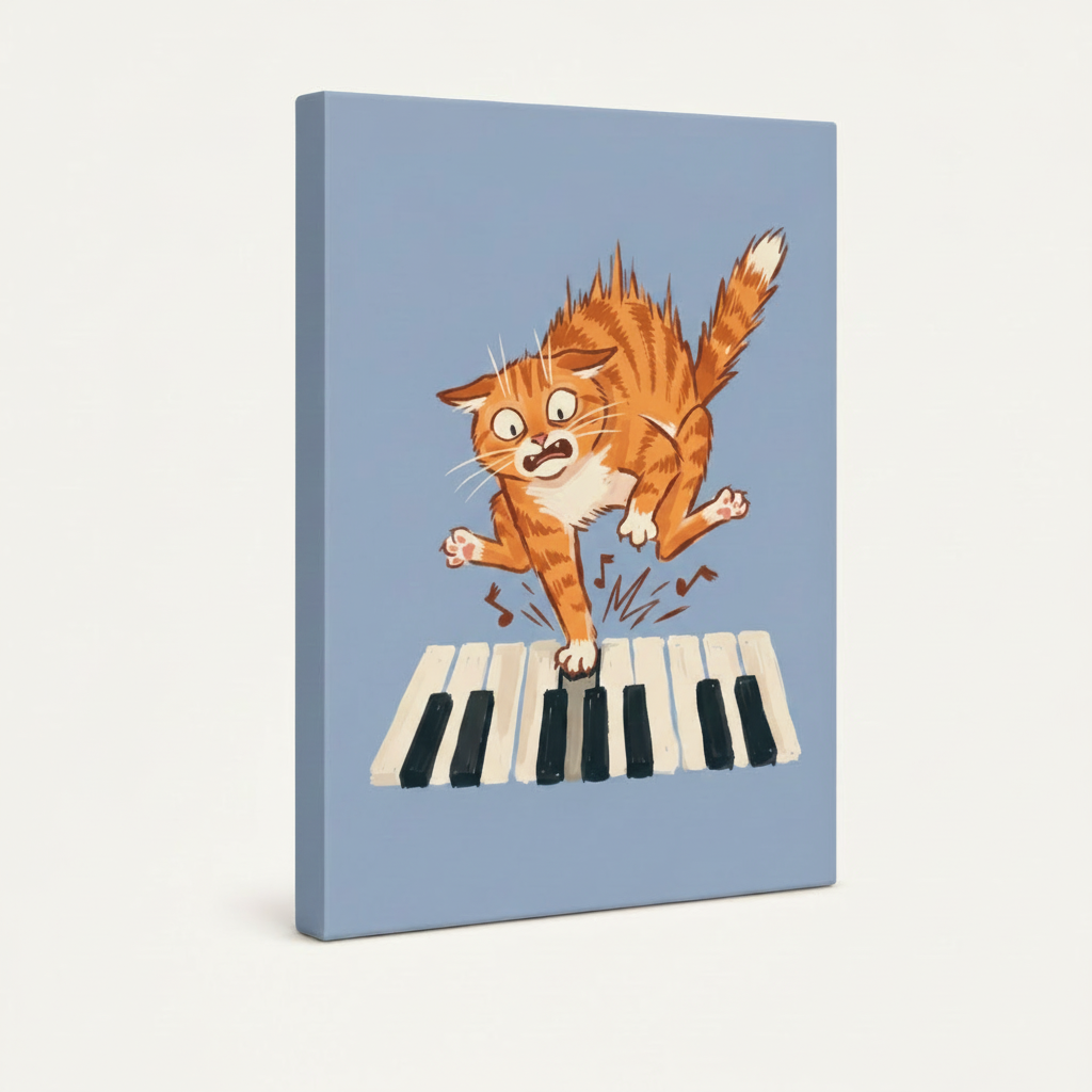 Gallery wrapped funny cat piano canvas, angled view showing clean solid blue-gray sides