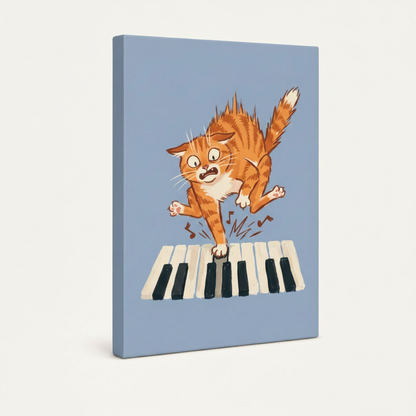 Gallery wrapped funny cat piano canvas, angled view showing clean solid blue-gray sides