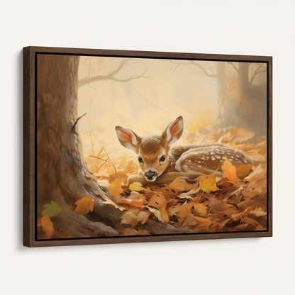 Baby fawn autumn leaves impressionist canvas in dark walnut float frame, product angle view on white background