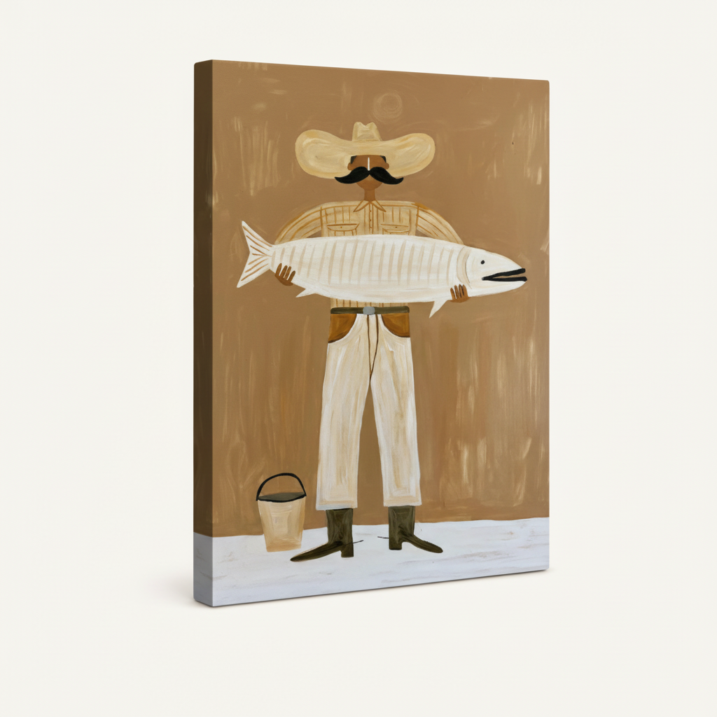 Gallery-wrapped folk art fisherman canvas on white background showing side depth