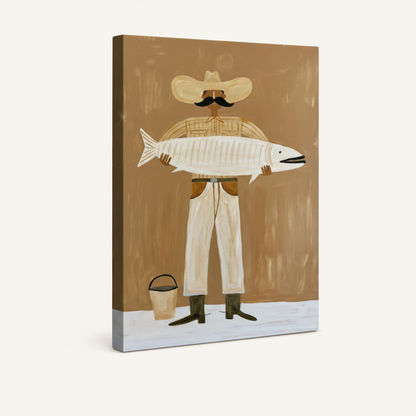 Gallery-wrapped folk art fisherman canvas on white background showing side depth