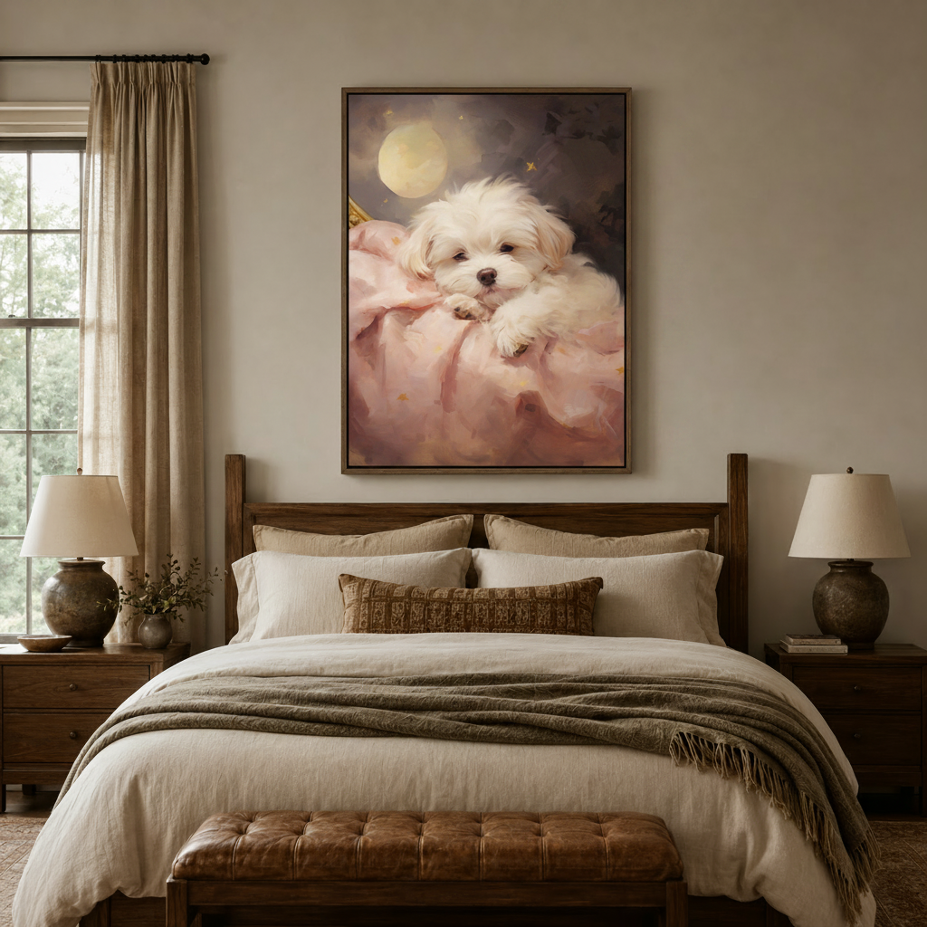 Maltese puppy moonlit night romantic canvas wall art hanging above bed in cozy bedroom interior