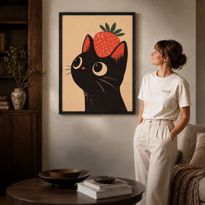 Black-framed whimsical cat portrait with a strawberry styled in a neutral living room.