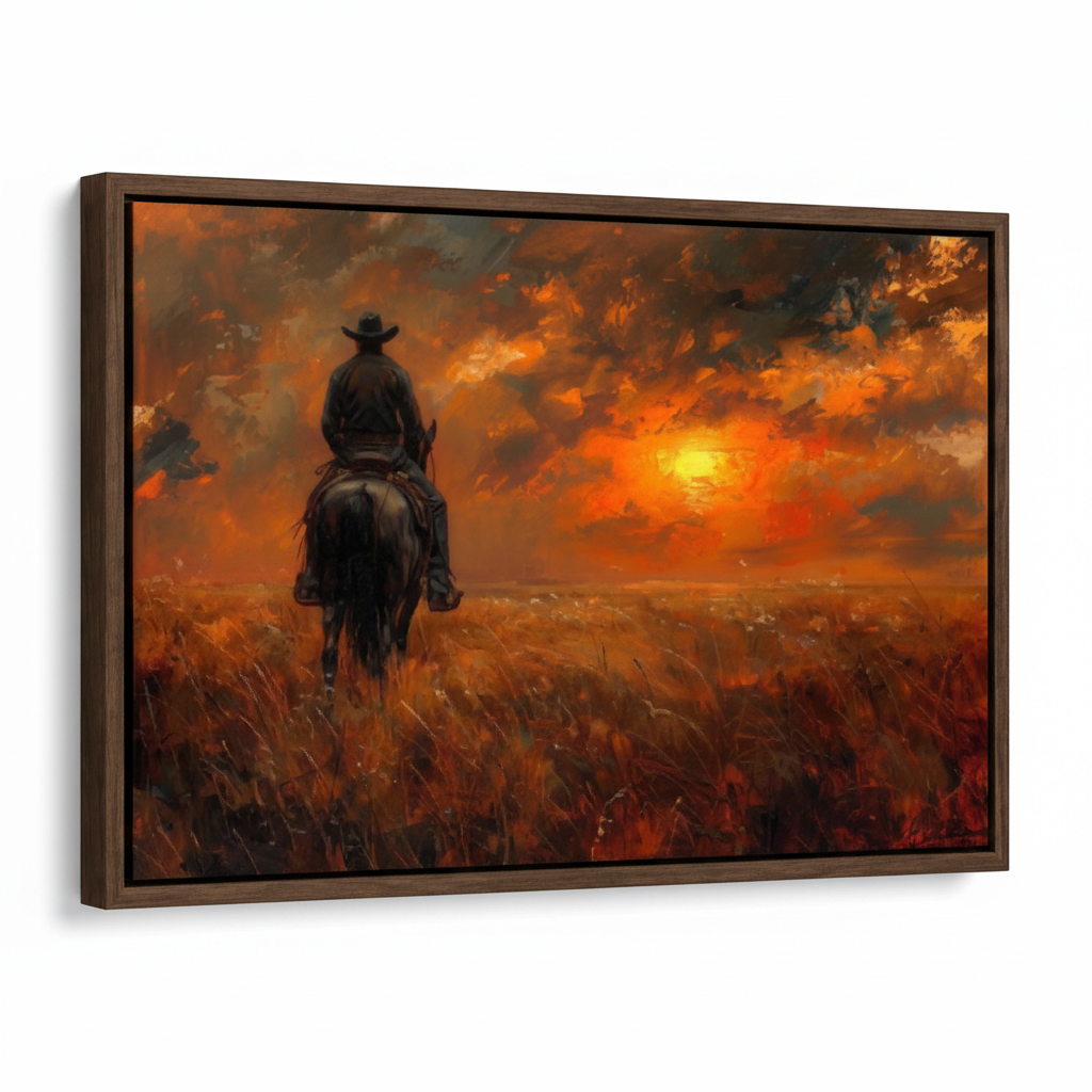 Framed cowboy sunset canvas art print shown at 45-degree angle on white background, dark walnut float frame product view