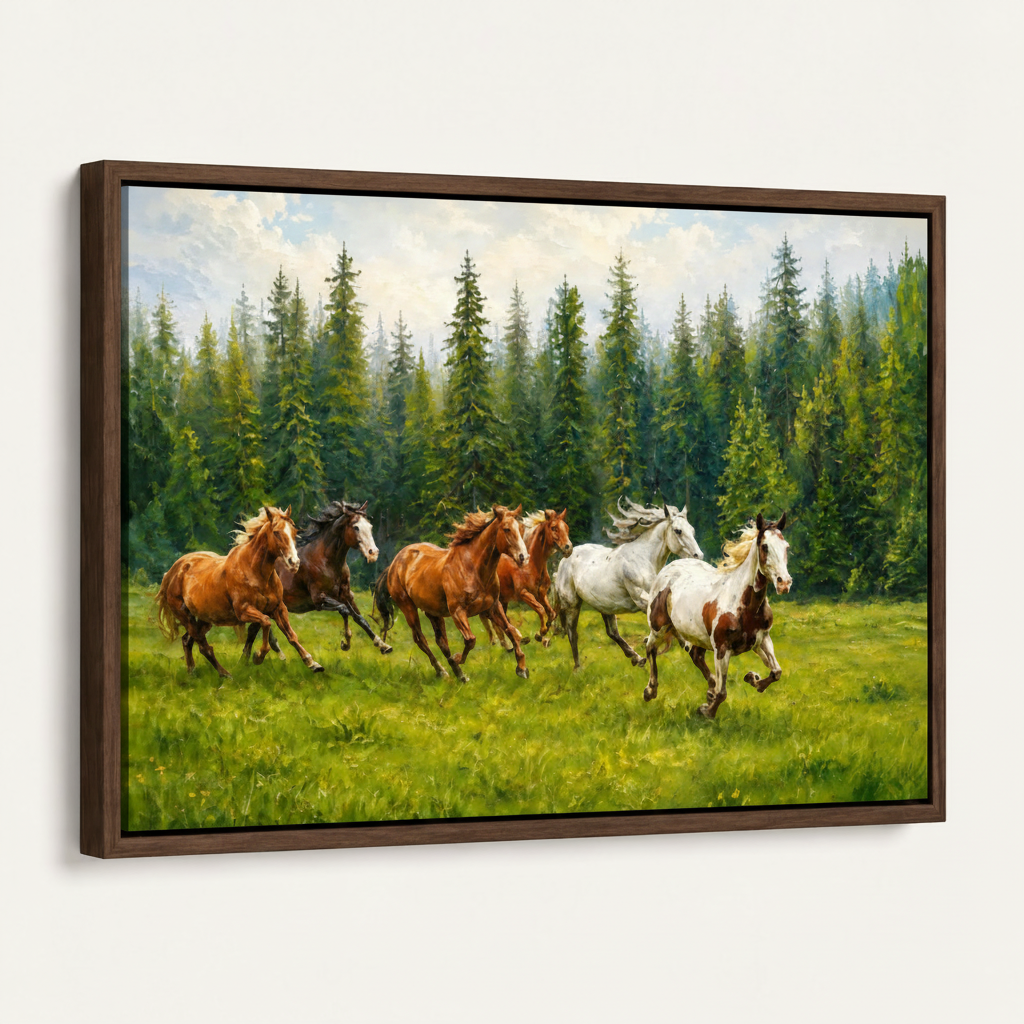 Eight running horses framed canvas art in dark walnut float frame at 45-degree angle on white background