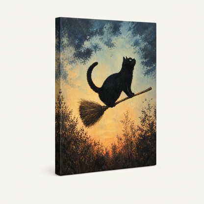 Gallery wrap canvas of black cat flying on broomstick at sunset, angled product view