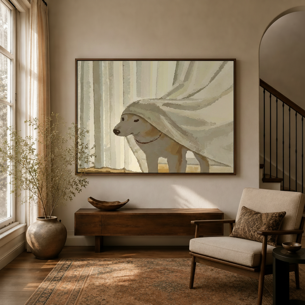 Minimalist dog canvas print displayed in a cozy entryway above a walnut console with natural light and staircase accent
