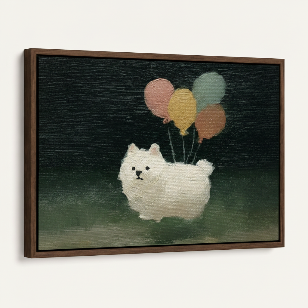 Angled product shot of gallery-wrapped dog balloon canvas art showing side depth and texture detail