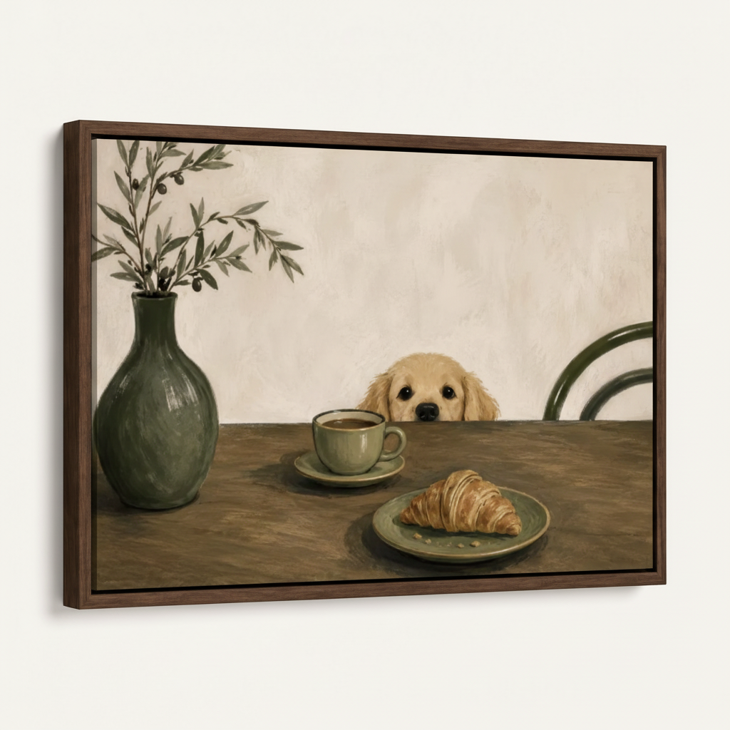 Dog peeking over breakfast table framed canvas in dark walnut float frame, angled left view on white background