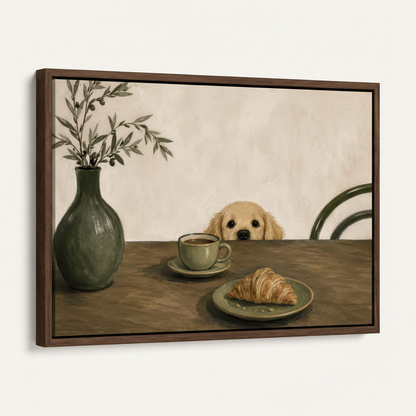 Dog peeking over breakfast table framed canvas in dark walnut float frame, angled left view on white background