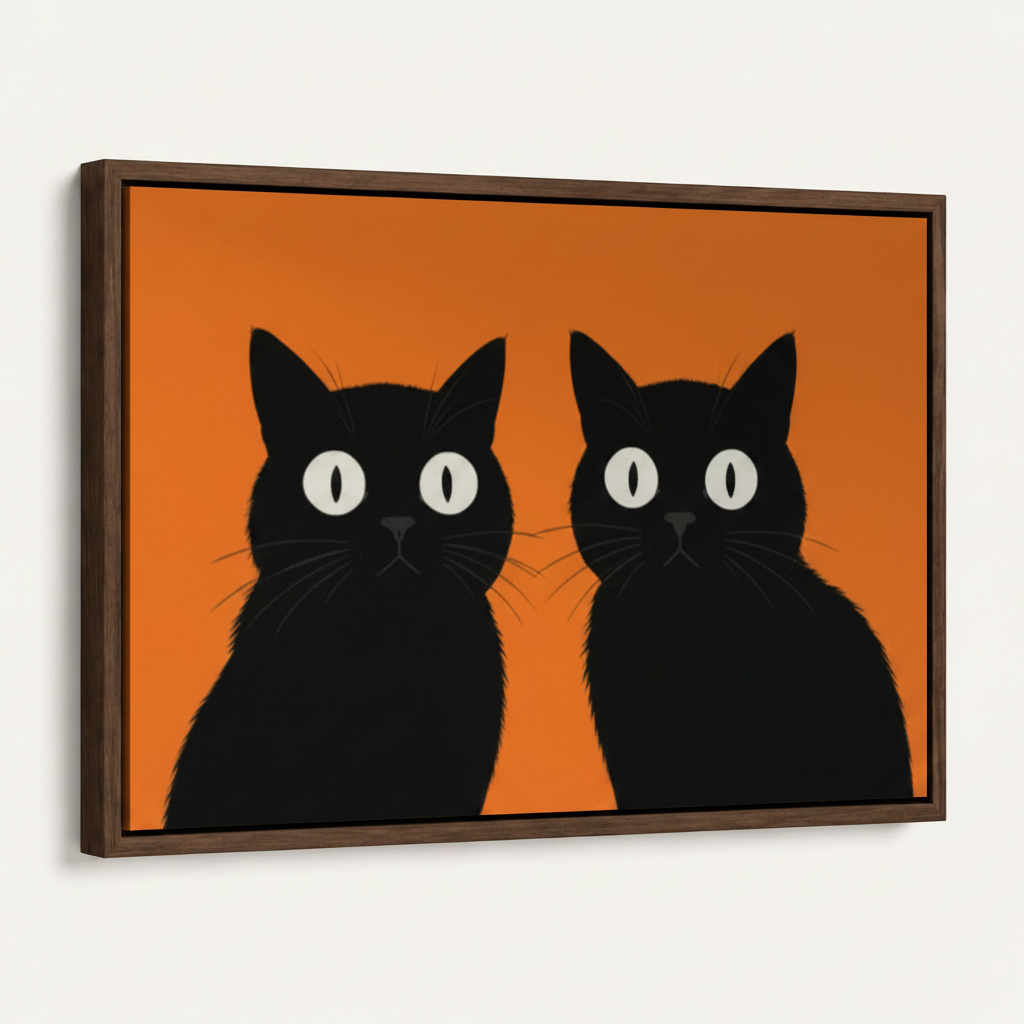 Dark walnut floating frame canvas of two black cats on orange background, angled product view on white background