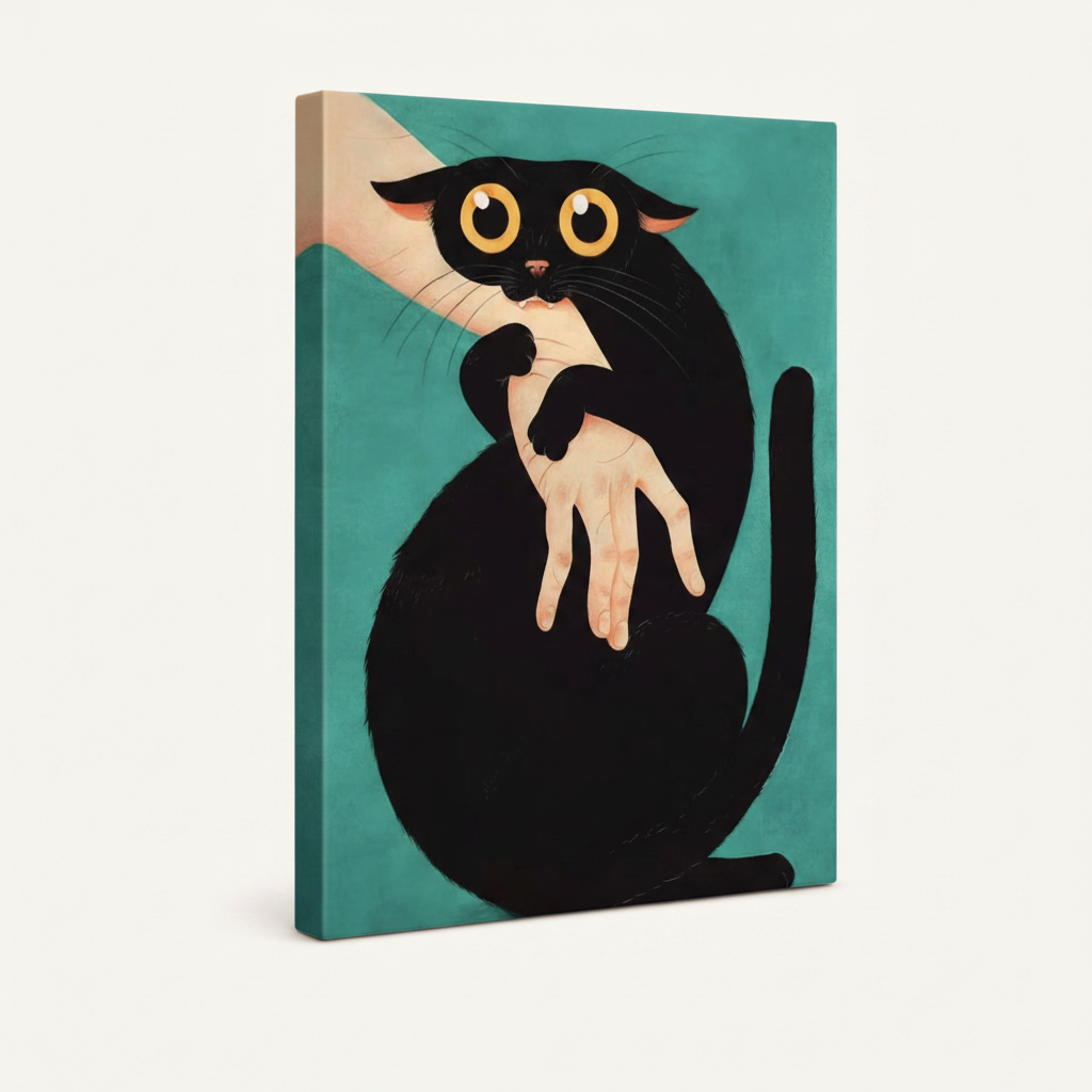 Gallery-wrapped black cat biting hand canvas, angled product view showing thin teal side edge