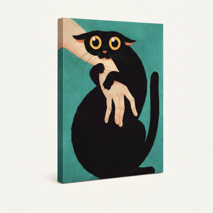 Gallery-wrapped black cat biting hand canvas, angled product view showing thin teal side edge