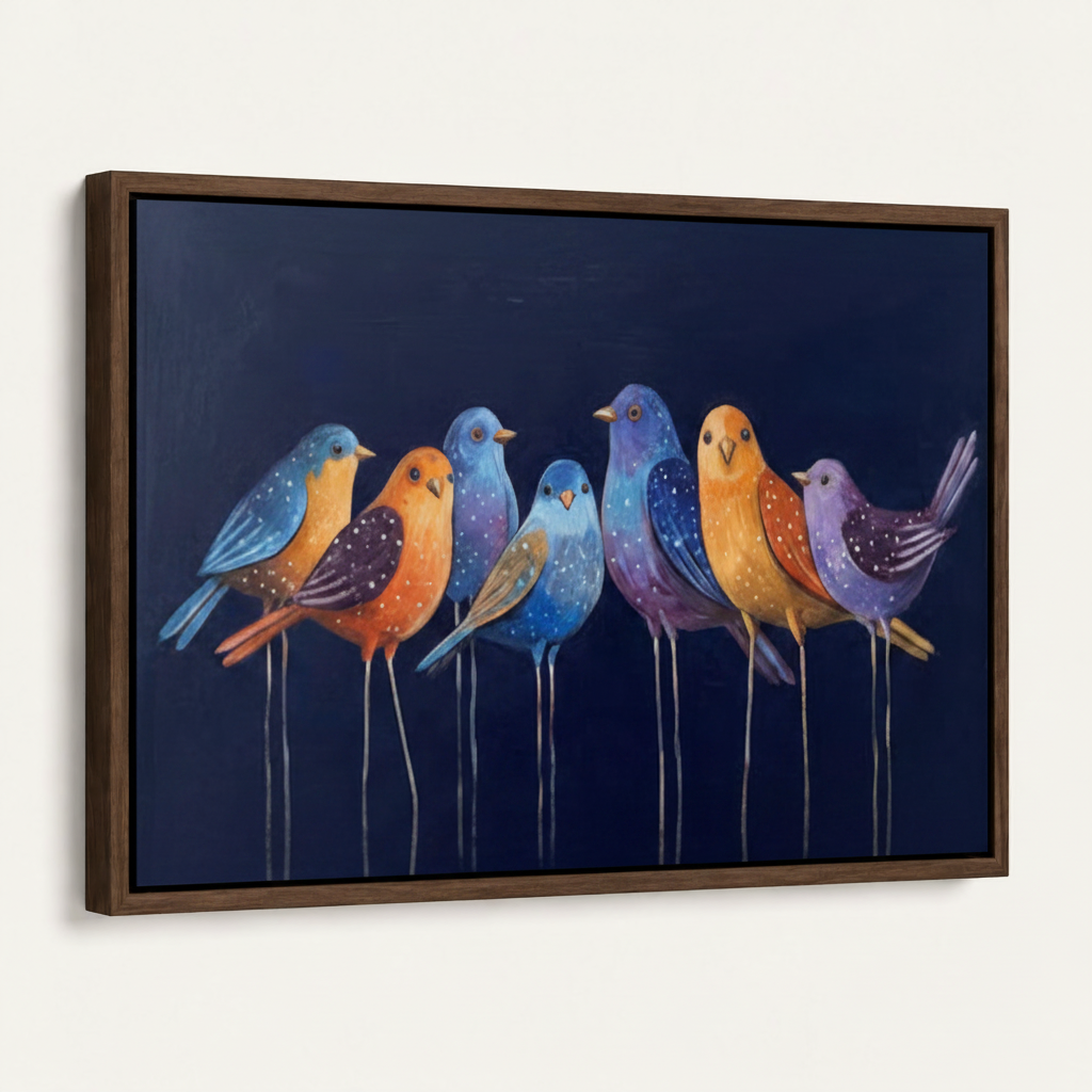 Dark walnut floater frame canvas with colorful birds on navy, angled product view on white background