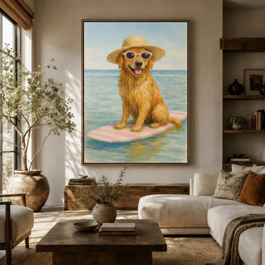 Sunny golden retriever surfboard canvas wall art above sideboard in warm modern living room