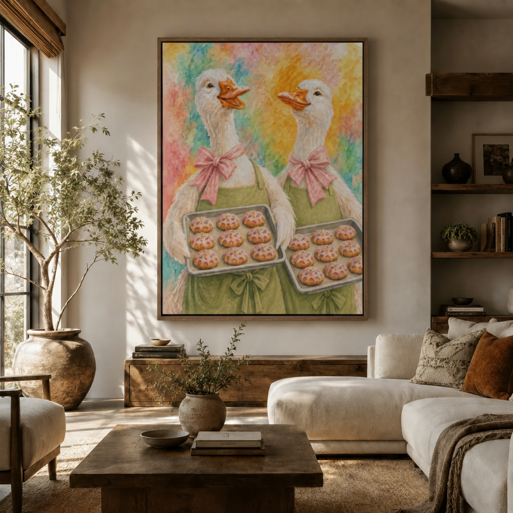 Colorful goose baker wall art in dark frame hung in warm Japandi-style living room