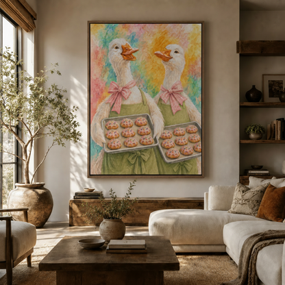 Colorful goose baker wall art in dark frame hung in warm Japandi-style living room