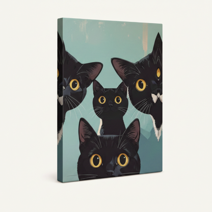 Gallery-wrapped four black cats illustration canvas shown at angle on cream background