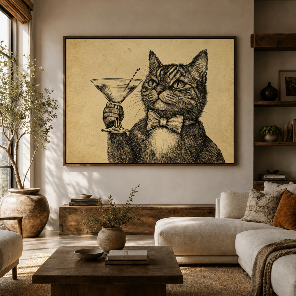 Vintage ink etching cat cocktail canvas print hanging in bright modern living room above sideboard