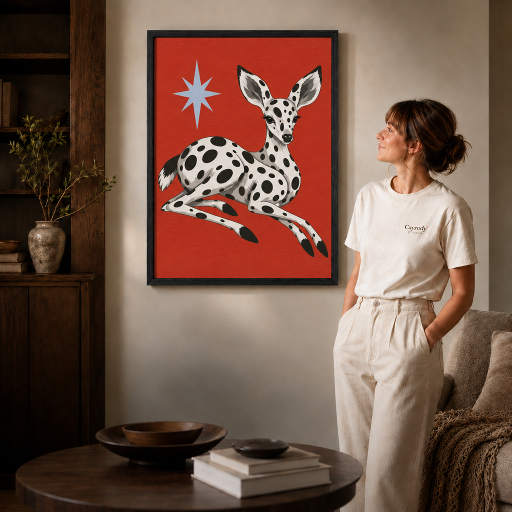 Black framed spotted fawn artwork in a warm modern living room