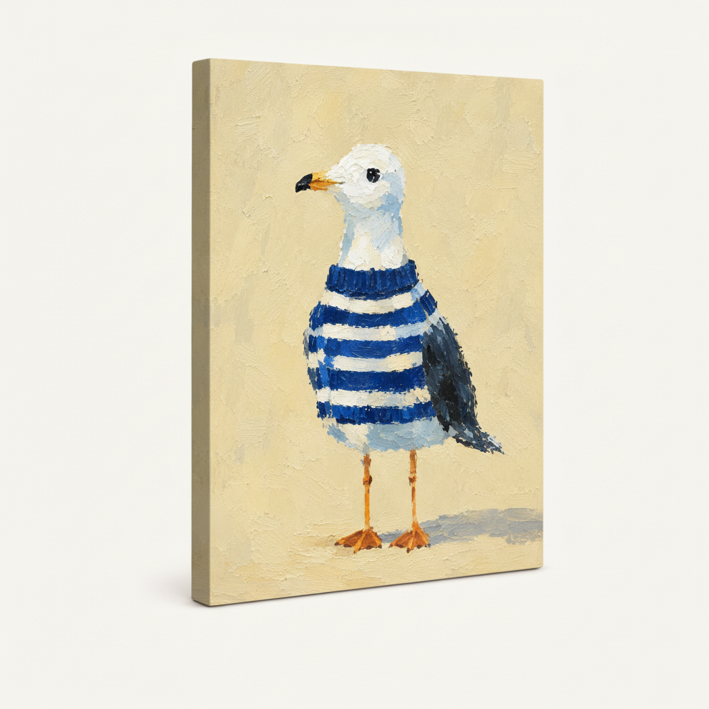 Gallery wrap canvas of seagull in nautical striped sweater shown at angle, white background
