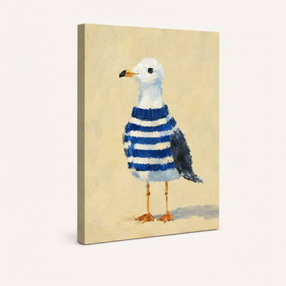 Gallery wrap canvas of seagull in nautical striped sweater shown at angle, white background