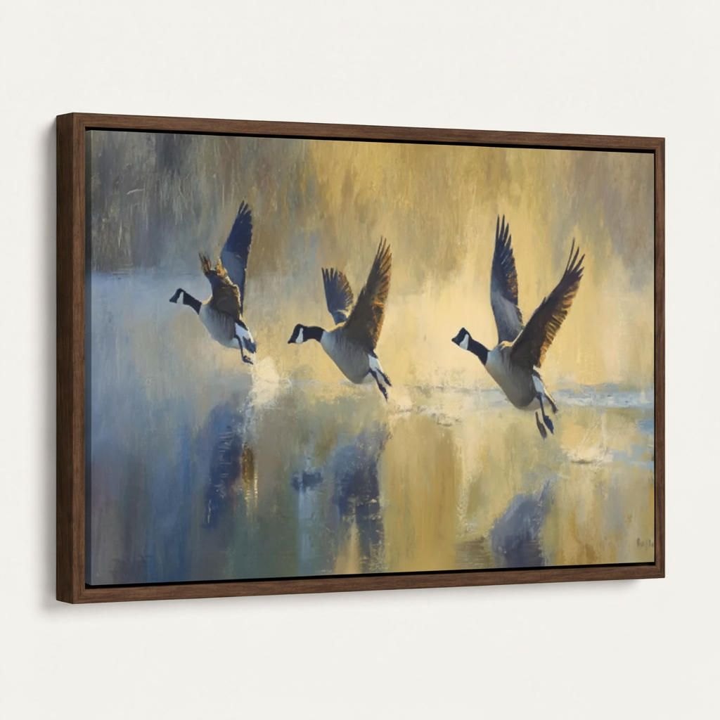 Dark walnut floating frame canvas with Canada geese watercolor painting, angled product view