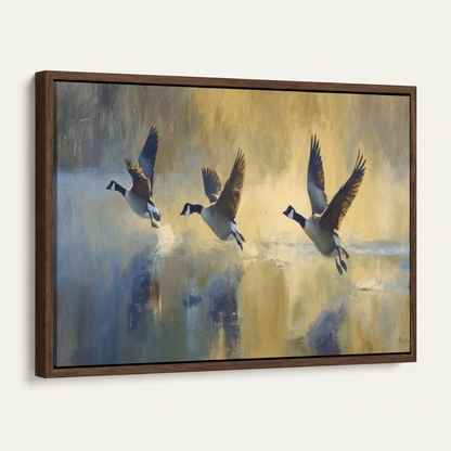 Dark walnut floating frame canvas with Canada geese watercolor painting, angled product view
