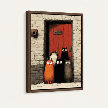 Framed comic cat canvas print with five cats at red brick door in dark walnut float frame